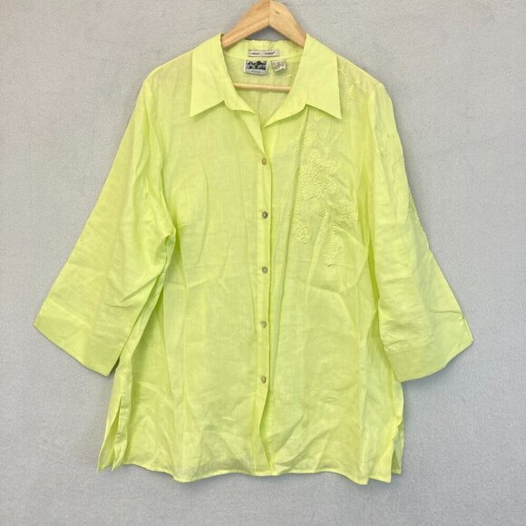 Edward Woman 100% Irish Linen Button Up Blouse 2X Green 3/4 Sleeve Top Embroider - Picture 1 of 10